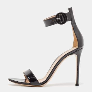 Pre Owned Gianvito Rossi Black Patent Leather Portofino Ankle Strap Sandals Size 37