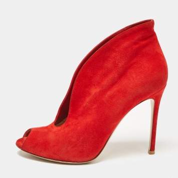Pre Owned Gianvito Rossi Red Suede Vamp Peep Toe Pumps Size 39
