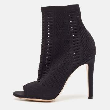 Pre Owned Gianvito Rossi Black Stretch Knit Vires Open Toe Ankle Length Boots Size 37