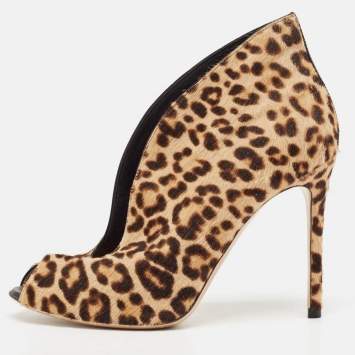 Pre Owned Gianvito Rossi Beige/Brown Leopard Print Calf Hair Vamp Boots Size 38.5