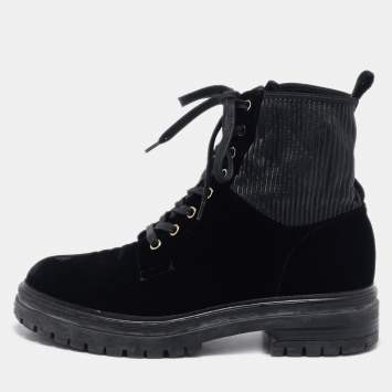 Pre Owned Gianvito Rossi Black Fabric and Velvet Combat Boots Size 40