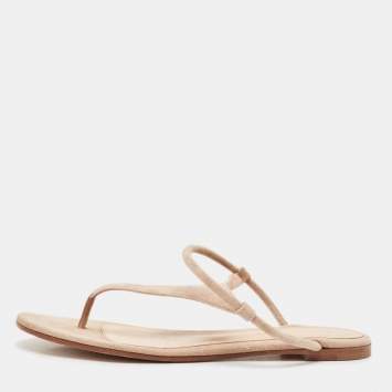 Pre Owned Gianvito Rossi Beige Suede Thong Flat Sandals Size 37.5