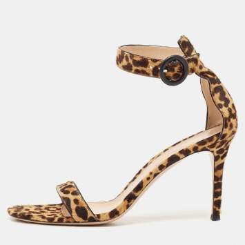 Pre Owned Gianvito Rossi Beige/Brown Leopard Print Calf Hair Portofino Ankle-Strap Sandals Size 41