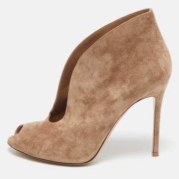 Pre Owned Gianvito Rossi Beige Suede Vamp Peep Toe Booties Size 39