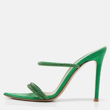 Pre Owned Gianvito Rossi Green Crystal Embellished Suede Cannes Sandals Size 36