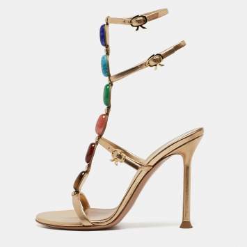 Pre Owned Gianvito Rossi Gold Leather Shanti Ankle Strap Sandals Size 36