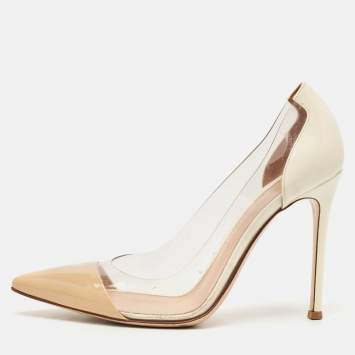 Pre Owned Gianvito Rossi Beige/White Patent Leather and PVC Plexi Pointed Toe Pumps Size 37