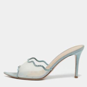 Pre Owned Gianvito Rossi Blue Suede and PVC Crystal Elle Slide Sandals Size 40