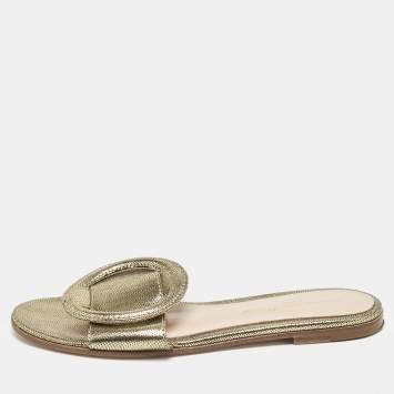 Pre Owned Gianvito Rossi Metallic Gold/Black Suede Buckle Detail Flat Slides Size 34