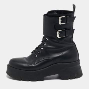 Pre Owned Gianvito Rossi Black Leather Marloe Combat Boots Size 38