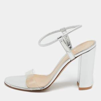 Pre Owned Gianvito Rossi Silver/Transparent PVC and Patent Crisscross Ankle Strap Sandals Size 38.5