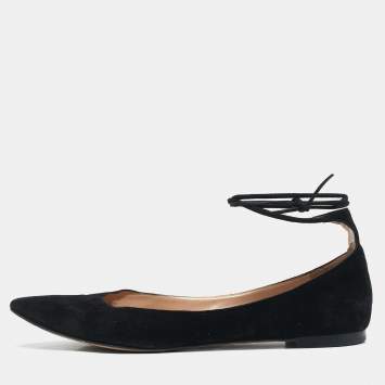 Pre Owned Gianvito Rossi Black Suede Femi Ankle Wrap Pointed Toe Flats Size 38.5