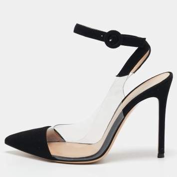 Pre Owned Gianvito Rossi Black Suede and PVC Anise Ankle Strap Pumps Size 38