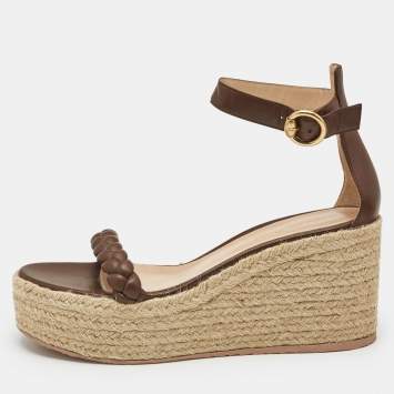 Pre Owned Gianvito Rossi Brown Leather Merida Wedge Sandals Size 40