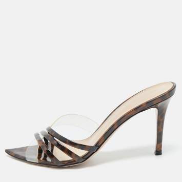 Gianvito Rossi Transparent/Brown Patent Leather and PVC Elle Slide Sandals Size 37.5