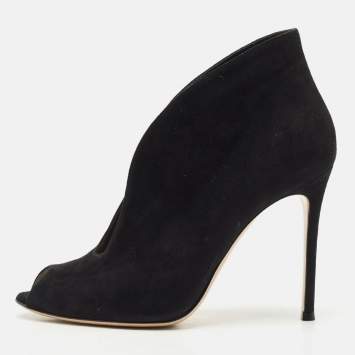 Pre Owned Gianvito Rossi Black Suede Vamp Peep Toe Booties Size 38.5