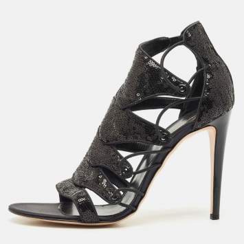 Gianvito Rossi Black Sequins Criss Cross Strappy Sandals Size 41