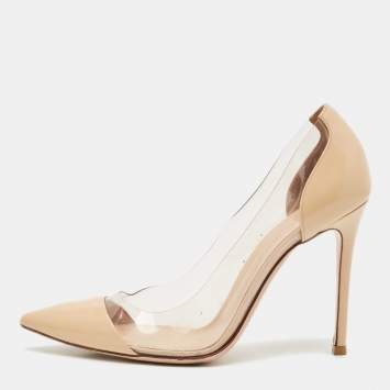Gianvito Rossi Beige/Transparent Patent Leather and PVC Plexi Pointed Toe Pumps Size 37.5