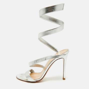 Pre Owned Gianvito Rossi Silver Leather Opera Slide Sandals Size 38