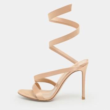 Pre Owned Gianvito Rossi Beige Satin Opera Twirl Ankle Wrap Sandals Size 38.5