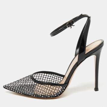 Pre Owned  Gianvito Rossi Black Mesh and PVC Crystal Embellished Pointed Toe  Ankle Strap Pumps Size 39