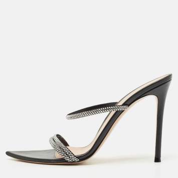 Gianvito Rossi Black Leather Crystal Embellished Cannes Slide Sandals Size 41