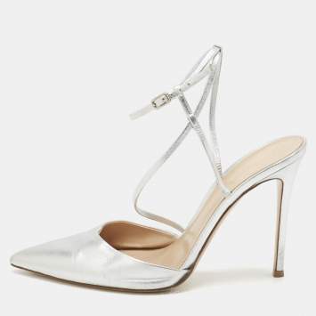 Gianvito Rossi Silver Leather Pointed Toe Ankle Strap Pumps Size 41