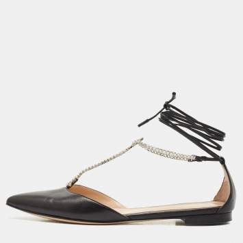 Gianvito Rossi Black Leather Femi Ankle Wrap Pointed Toe Flats Size 40