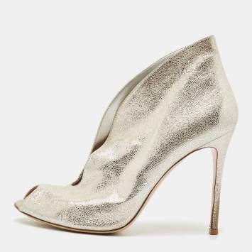 Pre Owned Gianvito Rossi Silver Suede Peep Toe Ankle Booties Size 41