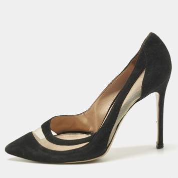 Pre Owned Gianvito Rossi Black Mesh and Suede Pointed Toe Pumps Size 37