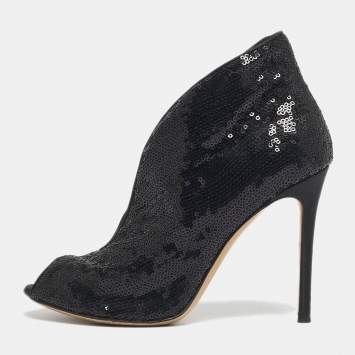 Pre Owned Gianvito Rossi Black Satin and Sequins Vamp Peep Toe Booties Size 38