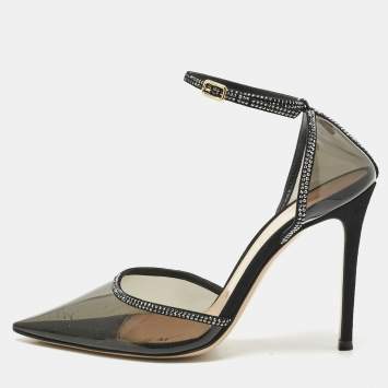 Pre Owned Gianvito Rossi Black PVC and Leather Crystal Embellished Ankle Strap Pumps Size 38