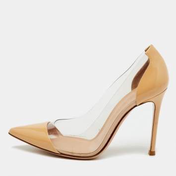 Pre Owned Gianvito Rossi Beige Patent Leather and PVC Plexi Pointed Toe Pumps Size 36.5