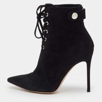 Pre Owned Gianvito Rossi Black Suede Pointed Toe Lace Up Ankle Length Boots Size 38