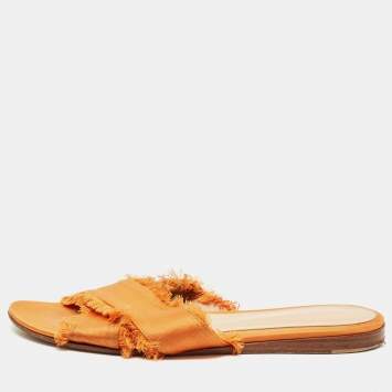 Pre Owned Gianvito Rossi Orange Satin Barth Flat Slides Size 37.5