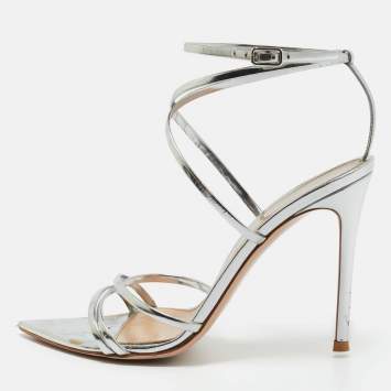 مملوكة مسبقًا Gianvito Rossi Silver Leather Kim Ankle Wrap Sandals Size 37.5