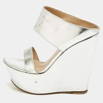 Pre Owned Gianvito Rossi Silver Leather Wedge Sandals Size 36