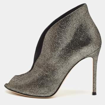 Pre Owned Gianvito Rossi Metallic Grey Leather Vamp Peep Toe Booties Size 37.5