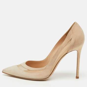 Pre Owned Gianvito Rossi Beige Suede and Mesh Pointed Toe Pumps Size 39.5