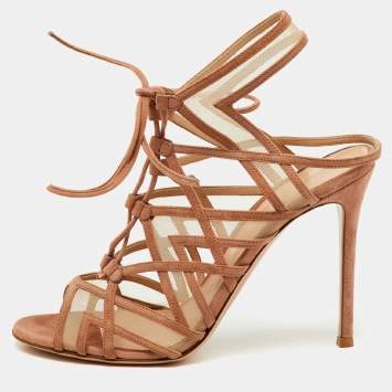 Pre Owned Gianvito Rossi Beige Suede and Mesh Cage Adria Sandals Size 39