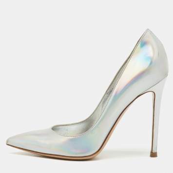 Pre Owned Gianvito Rossi Silver Holographic Leather Pointed Toe Pumps Size 36.5