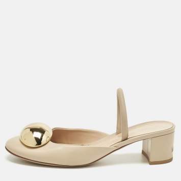 Pre Owned Gianvito Rossi Beige Leather Sphera Block Heel Pumps Size 38.5