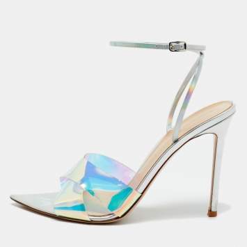 Pre Owned Gianvito Rossi Iridescent Silver Patent Leather and PVC Plexi Stark Ankle Strap Sandals Size 40