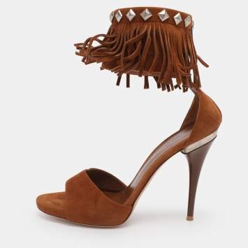 Pre Owned Gianvito Rossi Brown Suede Fringe Ankle Wrap Sandals Size 38.5