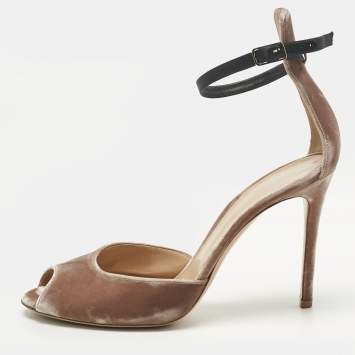Pre Owned Gianvito Rossi Beige Velvet Peep Toe Ankle Strap Pumps Size 40.5