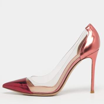Pre Owned Gianvito Rossi Pink/Transparent Leather And PVC Plexi Pointed Toe Pumps Size 37.5