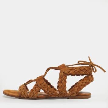 Pre Owned Gianvito Rossi Brown Ankle Tie Flat Sandals Size 35.5