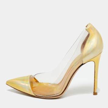 Pre Owned Gianvito Rossi Gold/Transparent Patent Leather And PVC Plexi Pointed Toe Pumps Size 35