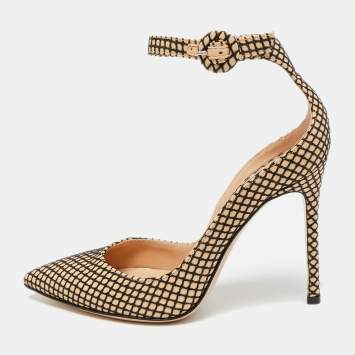Pre Owned Gianvito Rossi  Beige/Black Leather Fishnet Ankle Strap Pumps Size 35.5