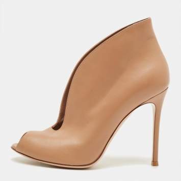 Pre Owned Gianvito Rossi Vamp Size 38.5 Beige Leather Peep Toe Booties
